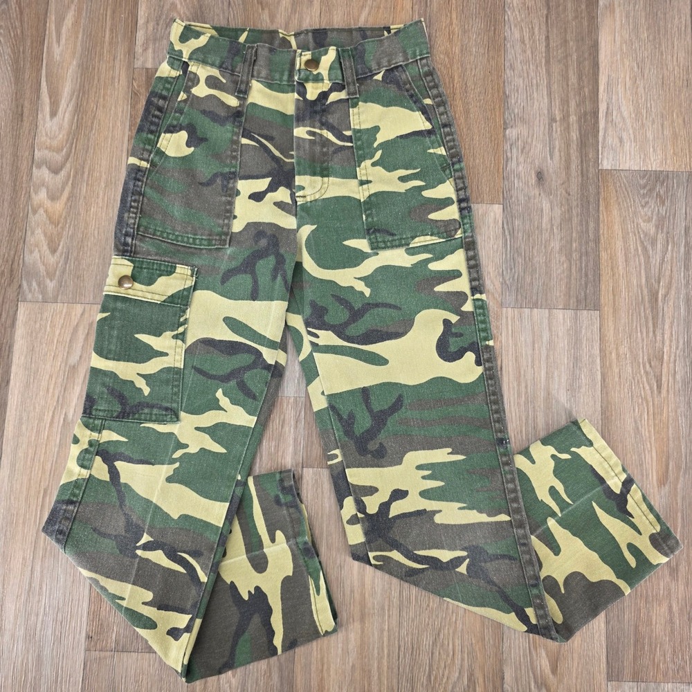 Vintage Sears Boys Camo Cargo Pants Green Woodland Slim Fit Size 10 Made in USA‎